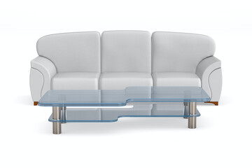 white leather sofa and low table on white background. Isolated 3D illustration