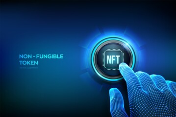NFT. Non-fungible token digital crypto art blockchain technology concept. Investment in cryptographic. Closeup finger about to press a button. Vector illustration. - obrazy, fototapety, plakaty