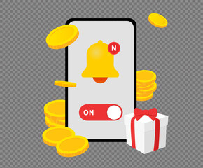 mobile event screen where prizes pour out when receiving notifications illustration set. gold, coin, new, gift. Vector drawing. Hand drawn style.