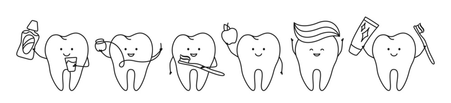Tooth dental mascot line doodle set. Orthodontic kawaii teeth character with toothbrush, toothpaste, dental floss, mouthwash. Mouth cleaning, healthcare oral hygiene concept. Dentistry baby vector