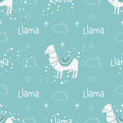 Seamless pattern with llama on turquoise background. There are stars and clouds in the picture. Vector illustration