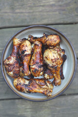 Grilled chicken drums. BBQ background. Summer barbeque.