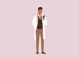 One Smiling Black Male Doctor In Lab Coat And Stethoscope Looking At His Mobile Phone. Full Length. Flat Design, Character, Cartoon.