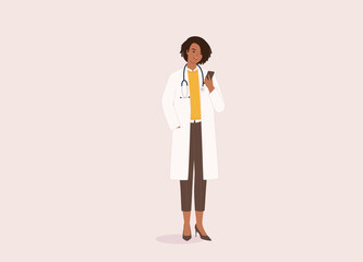 One Smiling Black Female Doctor In Lab Coat And Stethoscope Looking At Her Mobile Phone. Full Length. Flat Design, Character, Cartoon.