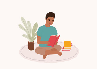 Obraz na płótnie Canvas One Smiling Black Boy Sitting On Carpet Floor Reading Book. Full Length. Flat Design, Character, Cartoon.