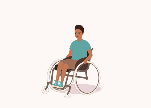 One Smiling Black Boy Sitting In A Wheelchair. Full Length. Flat Design, Character, Cartoon.