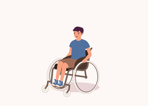 One Smiling Boy Sitting In A Wheelchair. Full Length. Flat Design, Character, Cartoon.