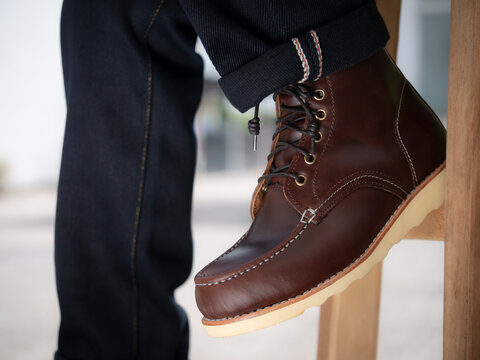 Fashion jeans and brown boots leather for men collection.
