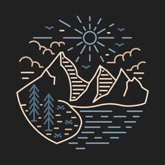 Fototapeta na wymiar good view of mountains with sunrise and river graphic illustration vector art t-shirt design