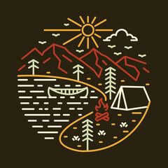 Camping with good view of mountains and river graphic illustration vector art t-shirt design