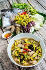 Vietnam traditional street food bun mam vermicelli noodles soup bowl (VIETNAMESE FERMENTED FISH NOODLE SOUP)