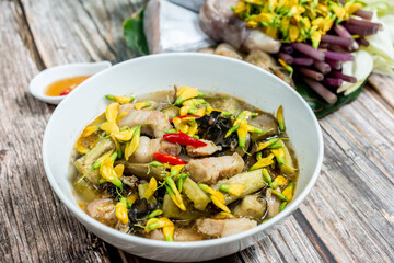 Vietnam traditional street food bun mam vermicelli noodles soup bowl (VIETNAMESE FERMENTED FISH NOODLE SOUP)