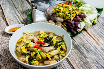 Vietnam traditional street food bun mam vermicelli noodles soup bowl (VIETNAMESE FERMENTED FISH NOODLE SOUP)