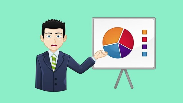 Animation of businessman avatar in front of flip chart, showing data. Animation is in easy to edit loop.