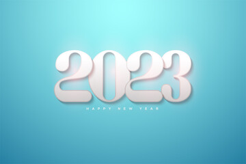 2023 happy new year with white numbers on blue background