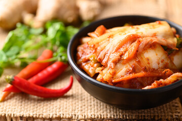 Kimchi cabbage in bowl, Korean homemade fermented side dish food