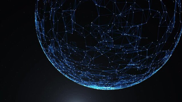 Particle World Universe of Plexus. abstract globe with particles and plexus structure lines and dots, Futuristic planet space Earth with flying triangles, Global Communication, Globe Map