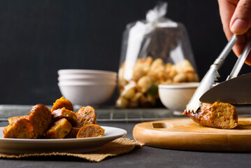 Spicy Thai sausages from the local market, cultural food of northern Thailand.
