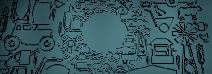 Circle frame with icons of agriculture and farming. Illustration or background for eco products and agricultural presentation. 3D render
