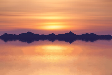Sea landscape, summer vacation. The mountains on the horizon, the picturesque sunset sky, a beautiful reflection in the water.