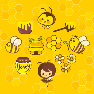 vector illustration of little girl in bee uniform and some honey jar in cute cartoon style