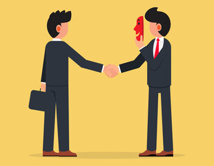 Fototapeta premium liar or suspicion fraud, betrayal or disguise deal. Businessman shaking hands with his partner hiding behind mask
