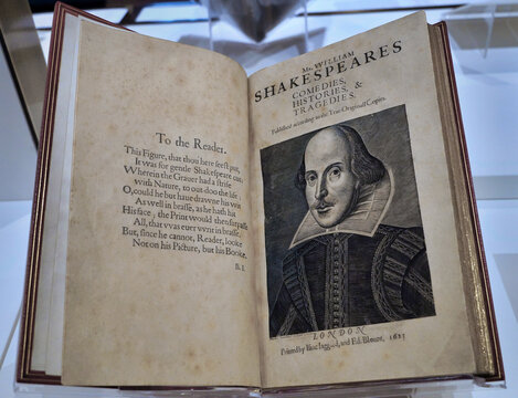 First Folio of the works of Shakespeare dating from 1623 in the collection of the New York Public Library, on display at the main branch on 5th Avenue at 42nd Street in the Polonsky Exhibition