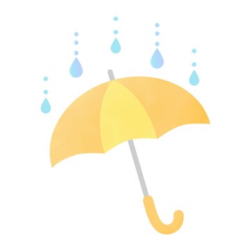 水彩風の黄色の傘と雨粒のイラスト