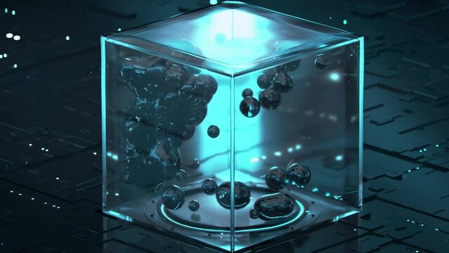 Droplets levitating in glass cube. Futuristic experiments with anti gravity field. Seamless loop 3D render animation