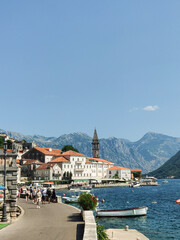 Obraz premium Daytime cityscape with sea and mountains in old town of Perast, Montenegro