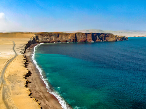 Aerial panorama of playa roja in Paracas Reserve Peru