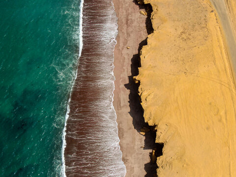 Aerial of playa roja in Paracas Reserve Peru