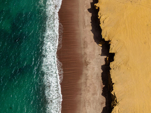 Aerial of playa roja in Paracas Reserve Peru