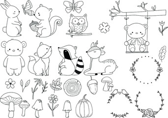 Woodland Animals Bundle Coloring Forest , Head Animal, Big collection of decorative for kids,baby characters, card,hand drawn, cartoon style.vector illustration