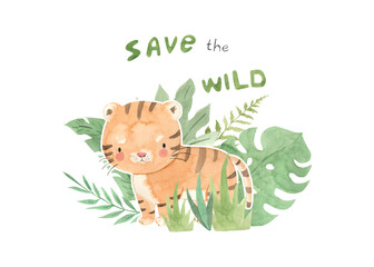 Watercolor save  the wild with tiger illustration for kids