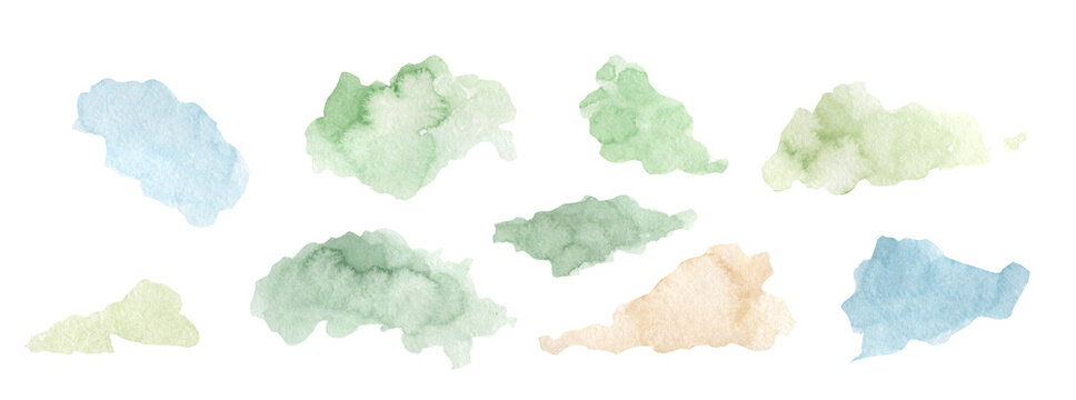 Watercolor green and blue splashes illustration for kids