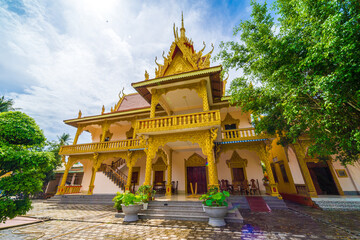 view of Xa Ton or Xvayton pagoda in Tri Ton town, one of the most famous Khmer pagodas in An Giang province, Mekong Delta, Vietnam.