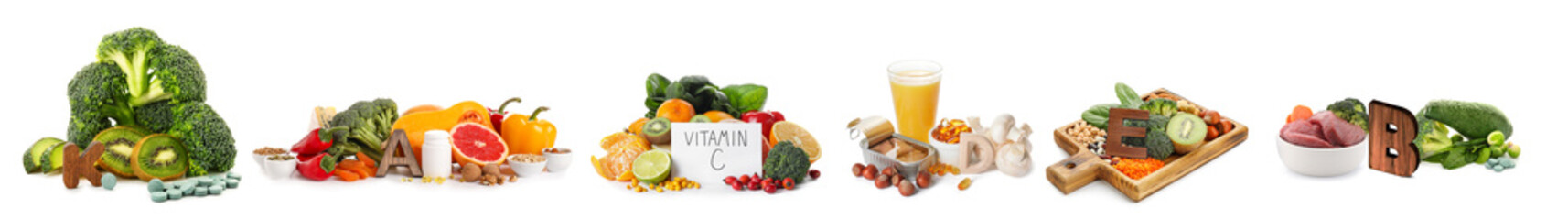 Different healthy products and vitamin pills on white background