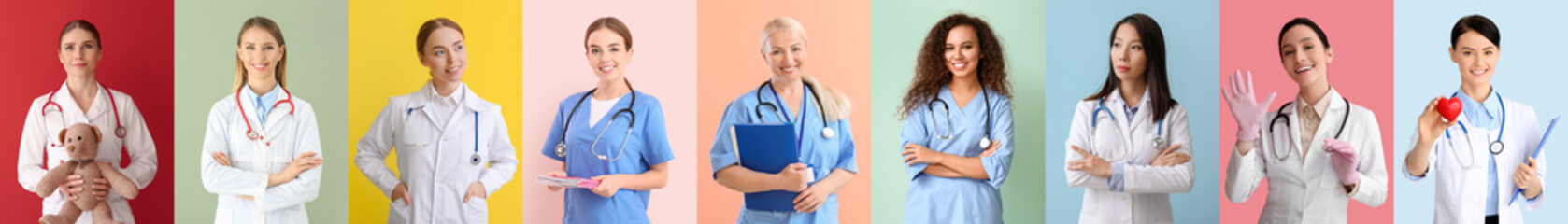 Collage with female doctors on colorful background