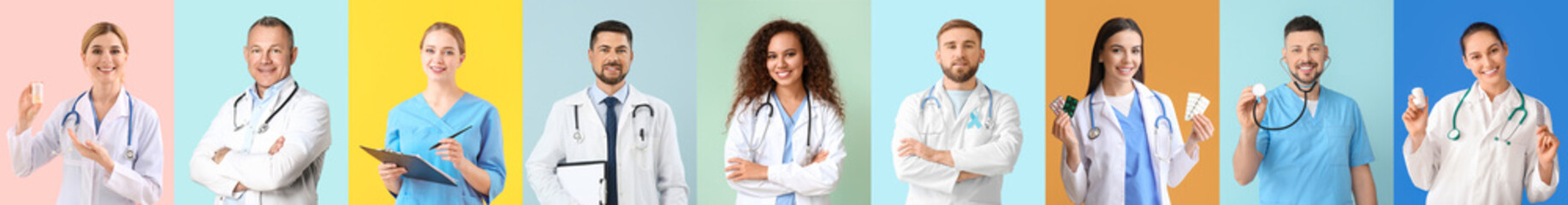 Collage with different doctors on colorful background