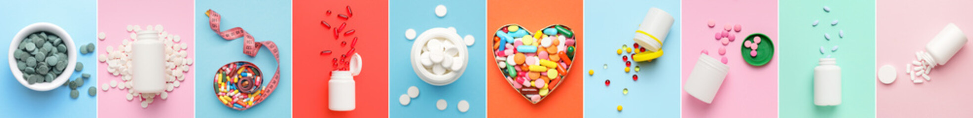 Collage with different pills on colorful background - obrazy, fototapety, plakaty