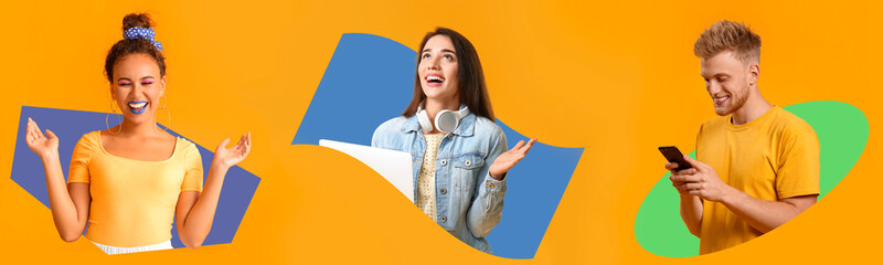 Collage with happy young people on orange background