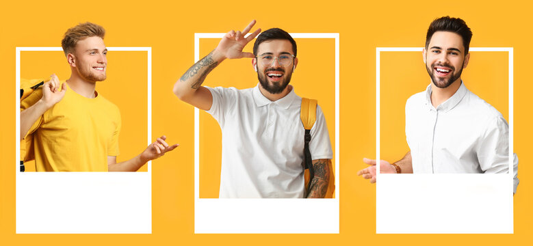 Collage with stylish young men looking out of frame on yellow background