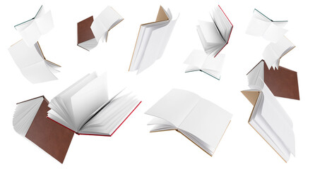 Many flying books isolated on white