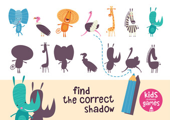 Find the correct shadow. Kids learning games collection. African animals.