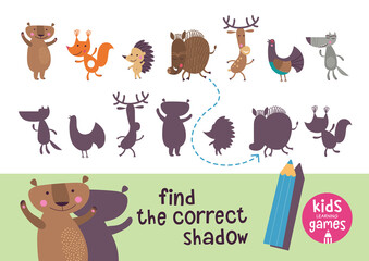 Find the correct shadow. Kids learning games collection. Forest animals.