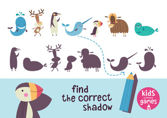 Find the correct shadow. Kids learning games collection. Arctic animals. 