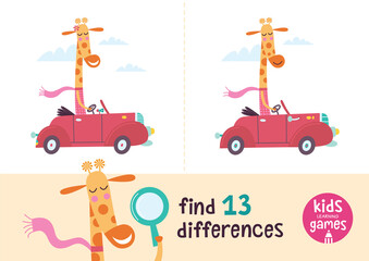 Find the differences. Kids learning games collection. Giraffe in a cartoon style is going by retro car.