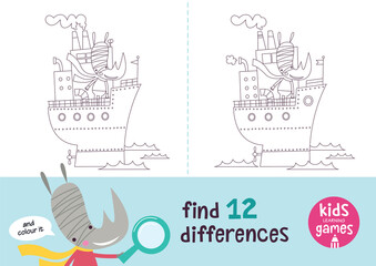 Find the differences. Kids learning games collection. Rhino in a cartoon style is going by boat.