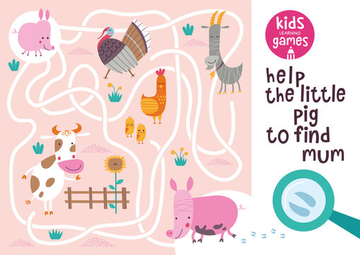 Funny maze for children. Help the little pig to find mum. Kids learning games collection. 